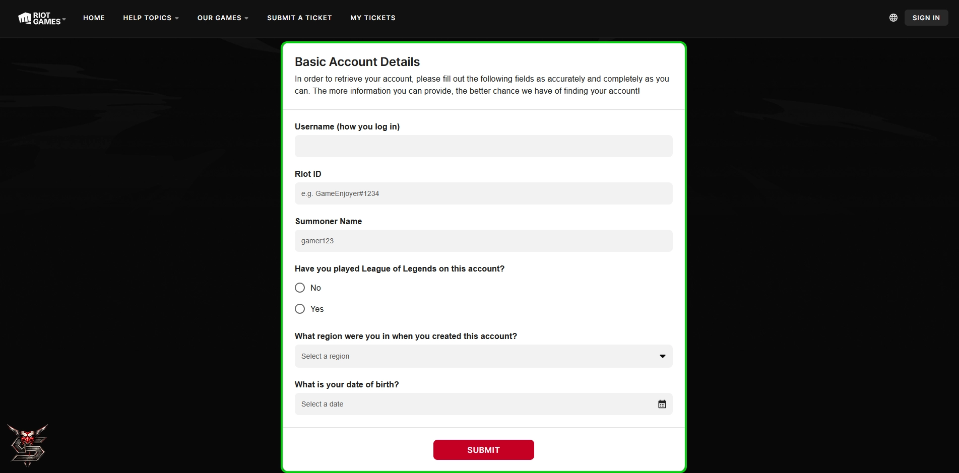 اطلاعات پایه حساب کاربری Basic Account Details در بازیابی رایوت